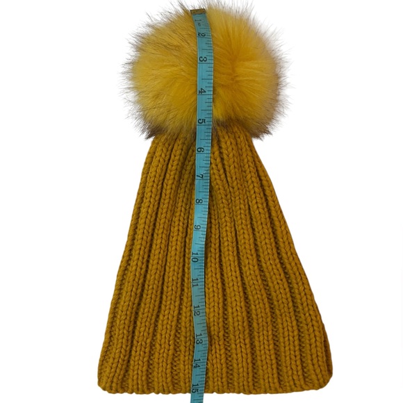 Mustard Yellow Knit Beanie with Faux Fur Pom Chunky Ribbed Winter Hat - Picture 6 of 6